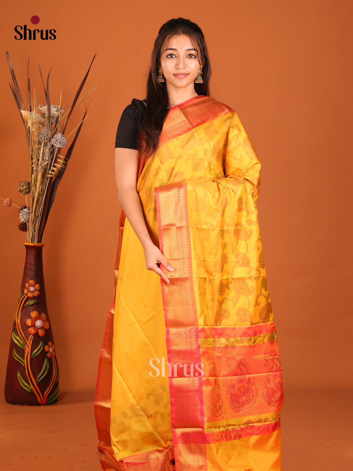 Yellow & Orange - Semi Pochampally Saree - Shop on Shrus.com
