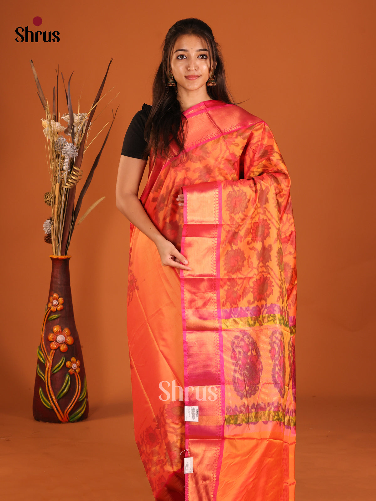 Orange & Pink - Semi Pochampally Saree - Shop on Shrus.com