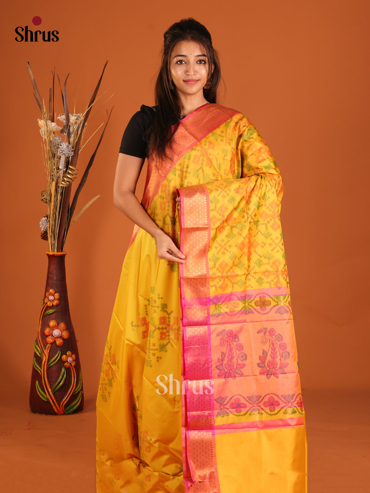 Yellow & Pink - Semi Pochampally Saree - Shop on Shrus.com
