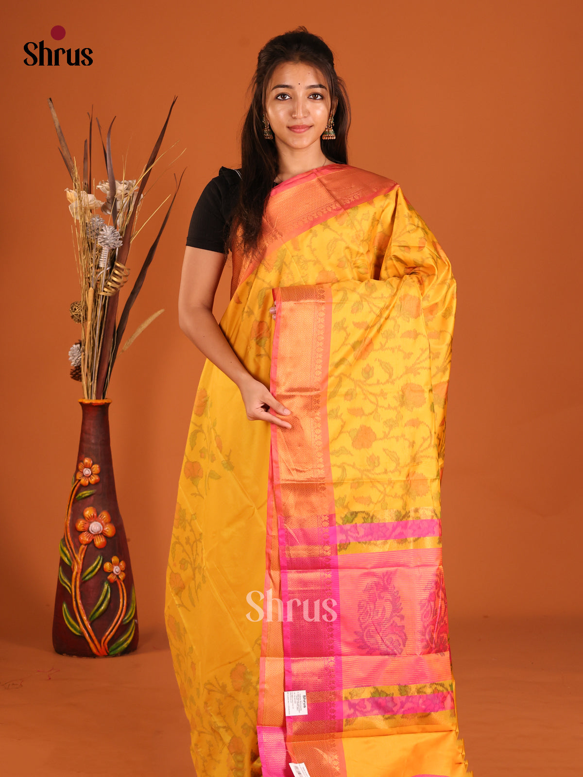 Yellow & Pink- Semi Pochampally Saree - Shop on Shrus.com