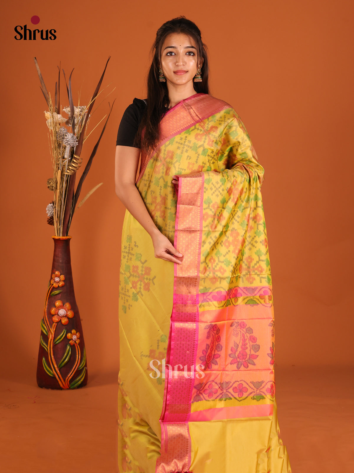Yellow & Pink - Semi Pochampally Saree - Shop on Shrus.com