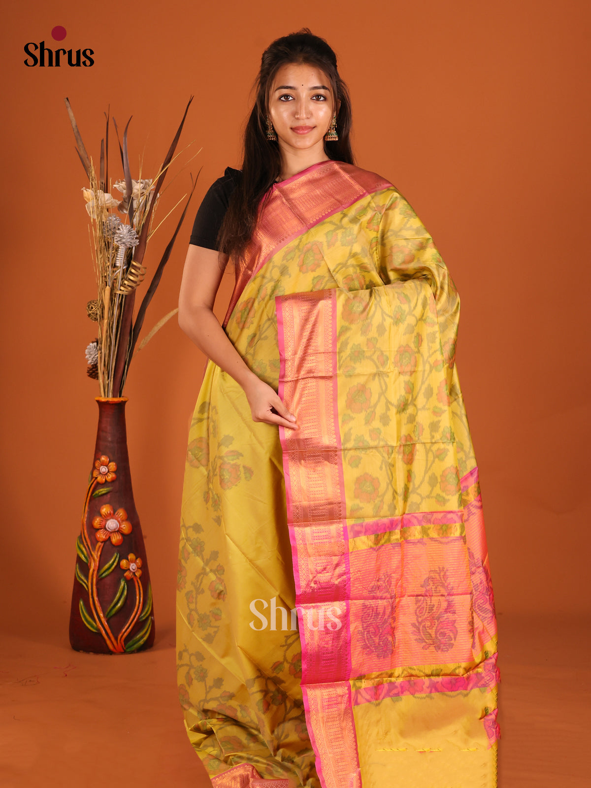 Yellow & Pink - Semi Pochampally Saree - Shop on Shrus.com