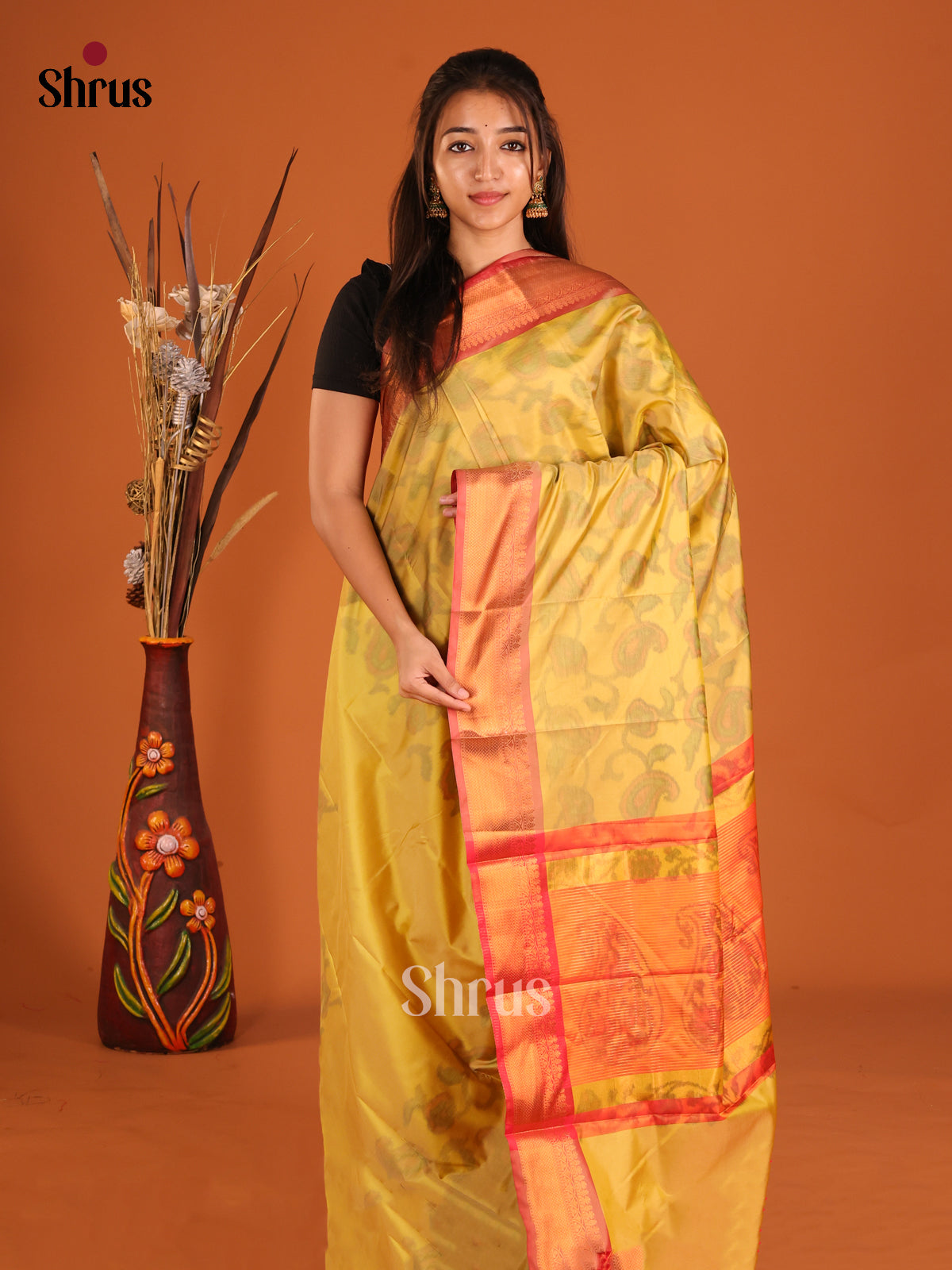 Yellow & Red - Semi Pochampally Saree - Shop on Shrus.com