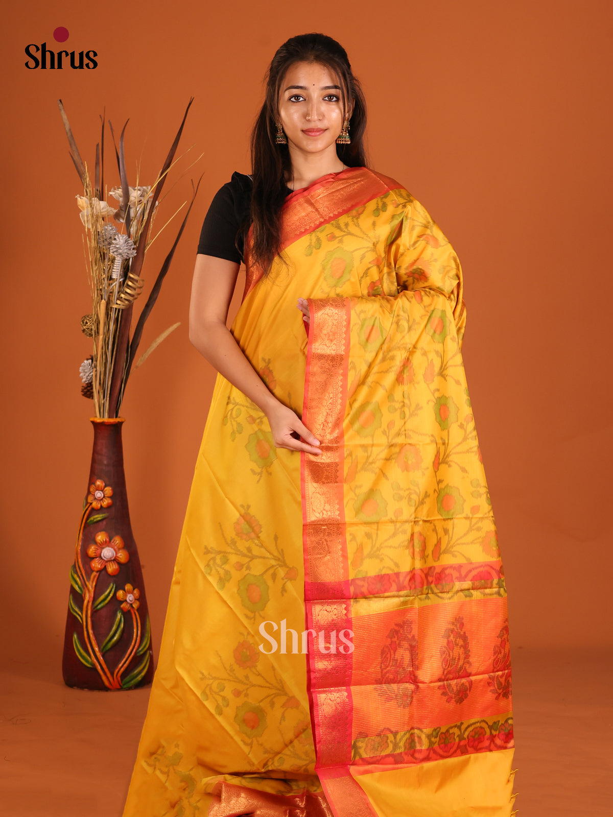 Yellow & Red - Semi Pochampally Saree - Shop on Shrus.com