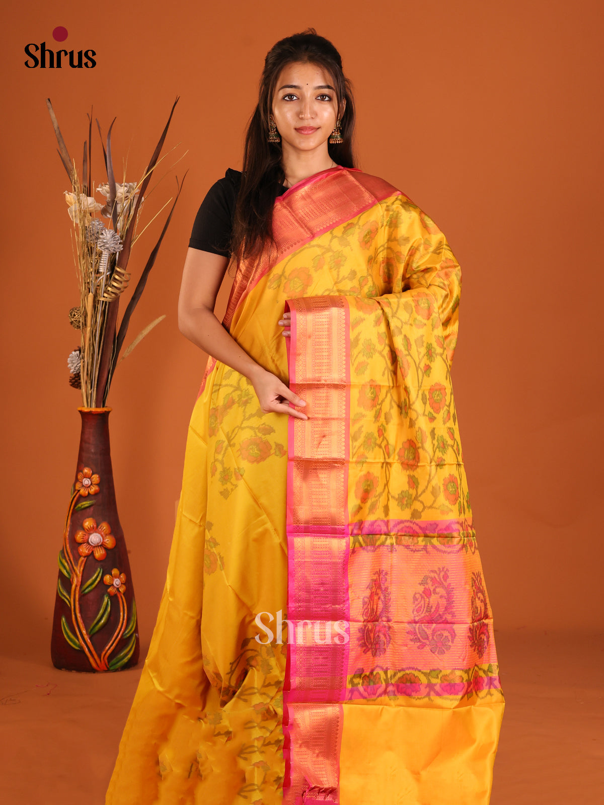 Yellow & Pink - Semi Pochampally Saree - Shop on Shrus.com