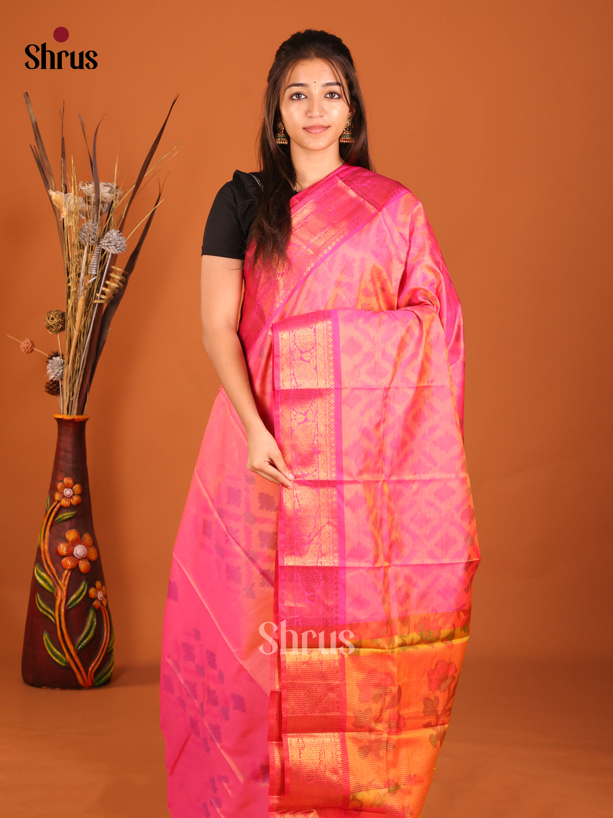 Pink & Orange - Semi Pochampally Saree - Shop on Shrus.com