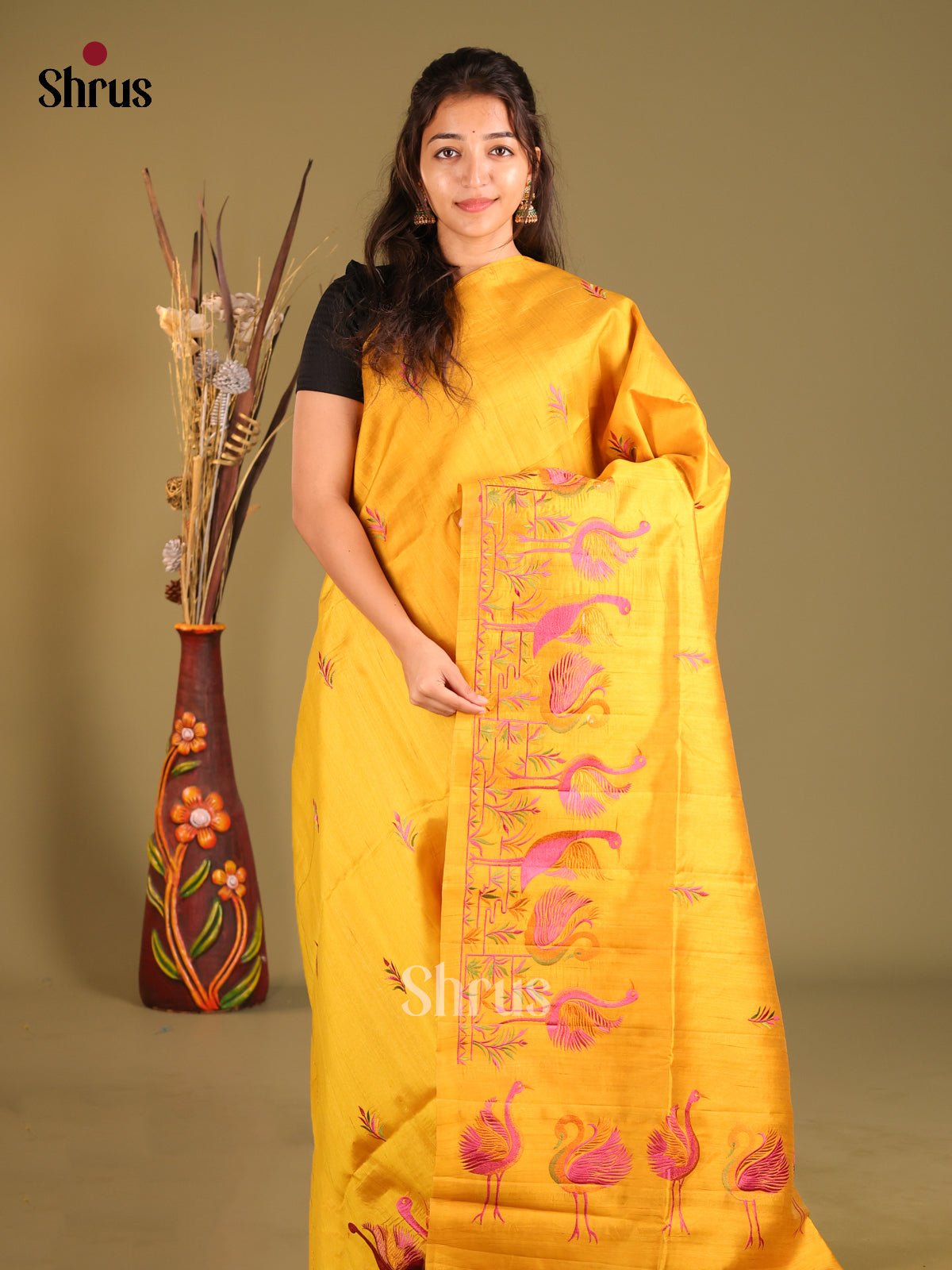 Yellow - Semi Rawsilk Saree - Shop on Shrus.com