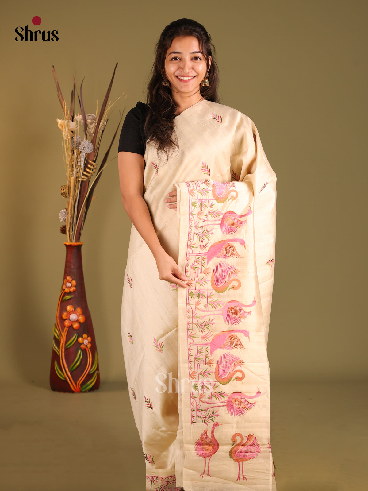 Cream - Semi Rawsilk Saree