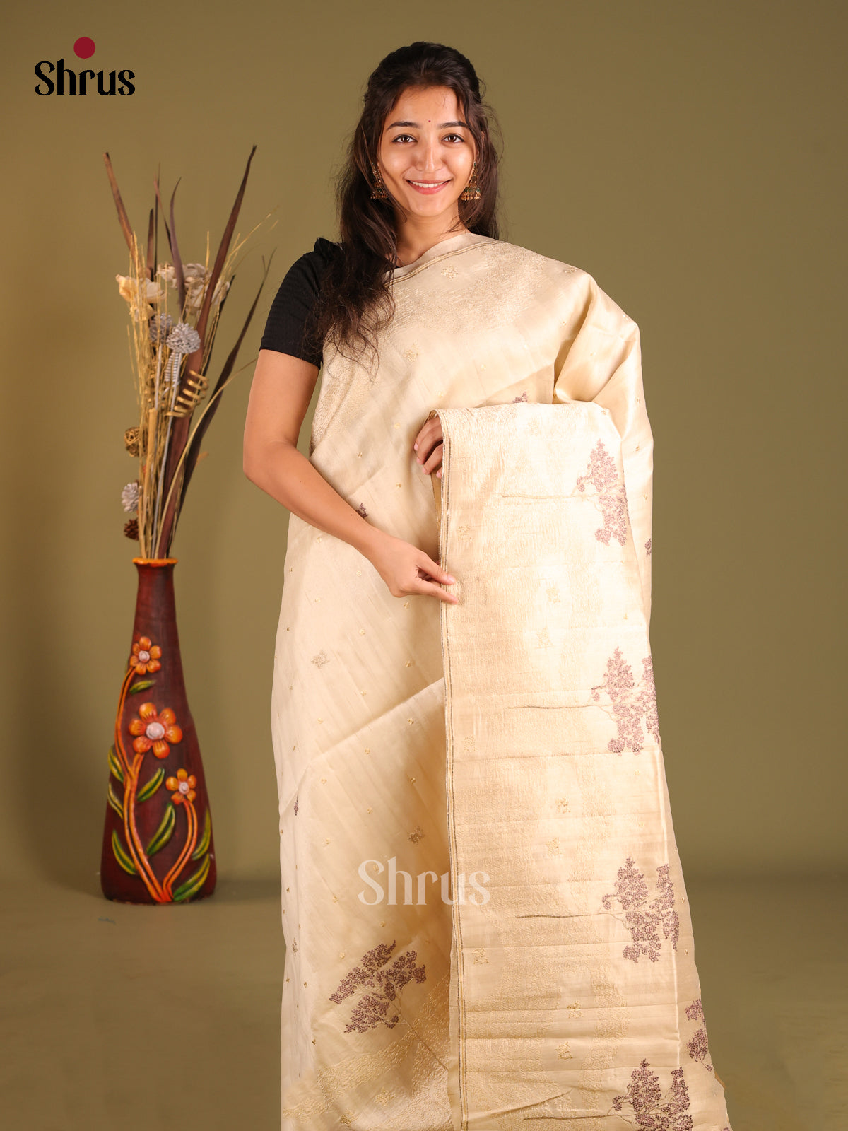Cream - Semi Rawsilk Saree