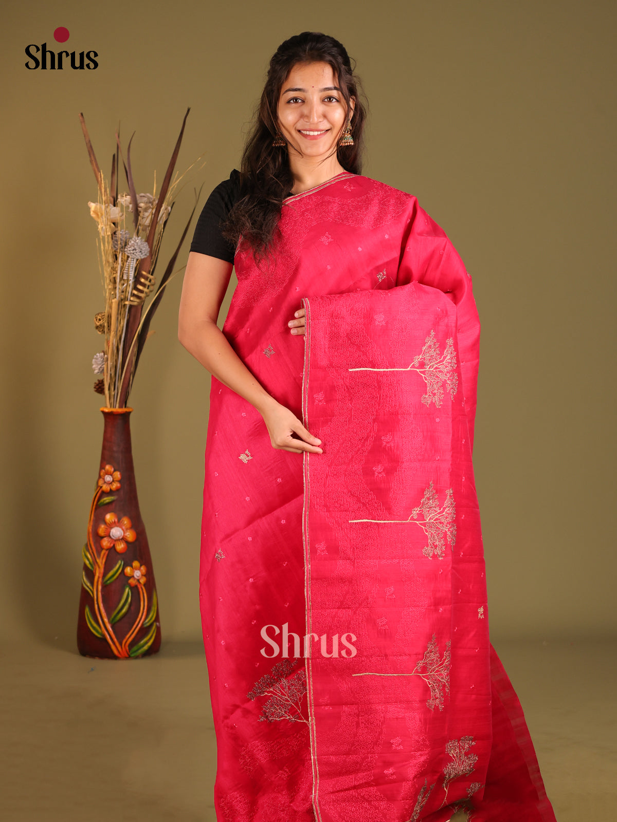 Pink - Semi Rawsilk Saree - Shop on Shrus.com