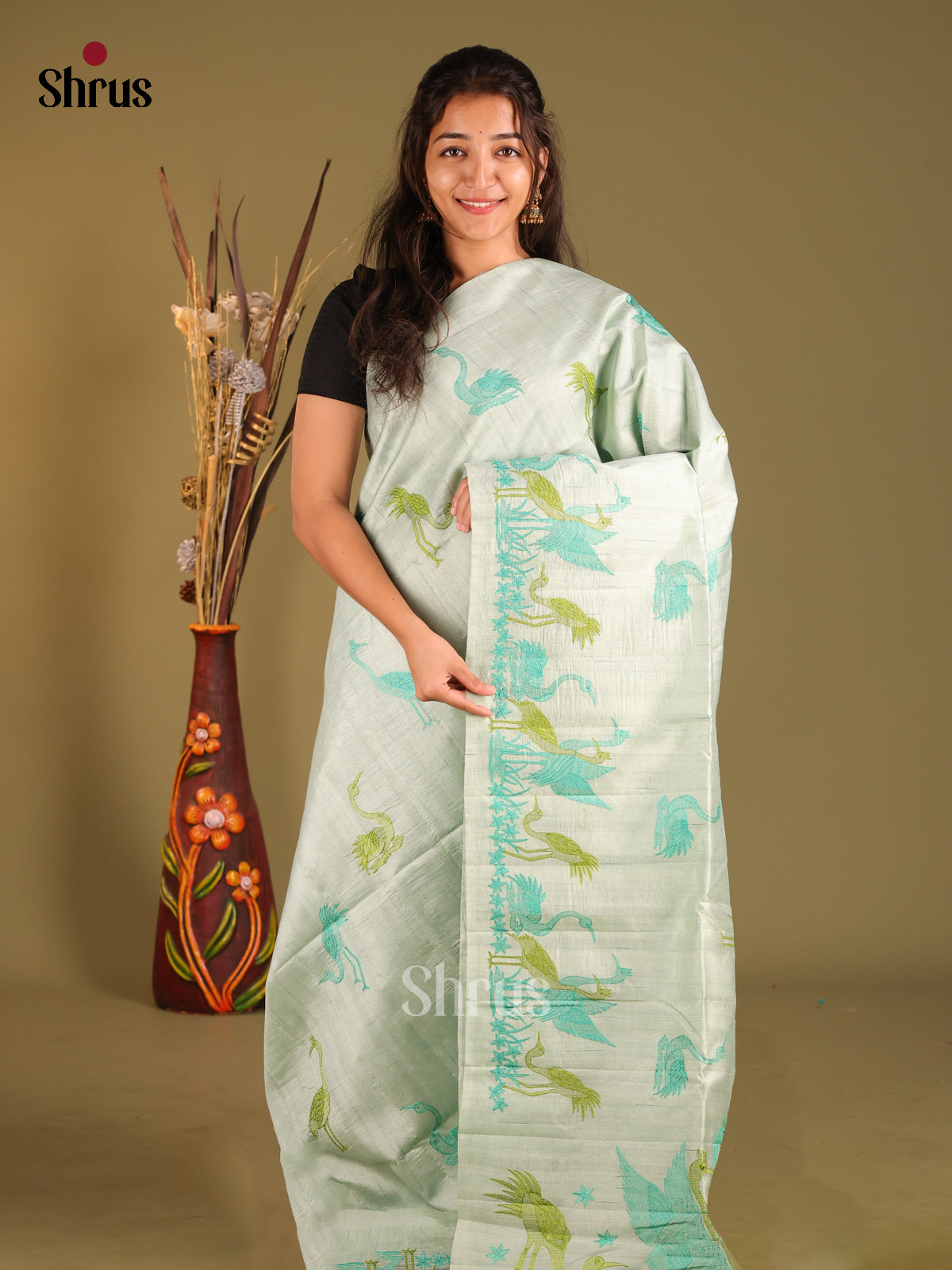 Mint Green - Semi Rawsilk Saree - Shop on Shrus.com