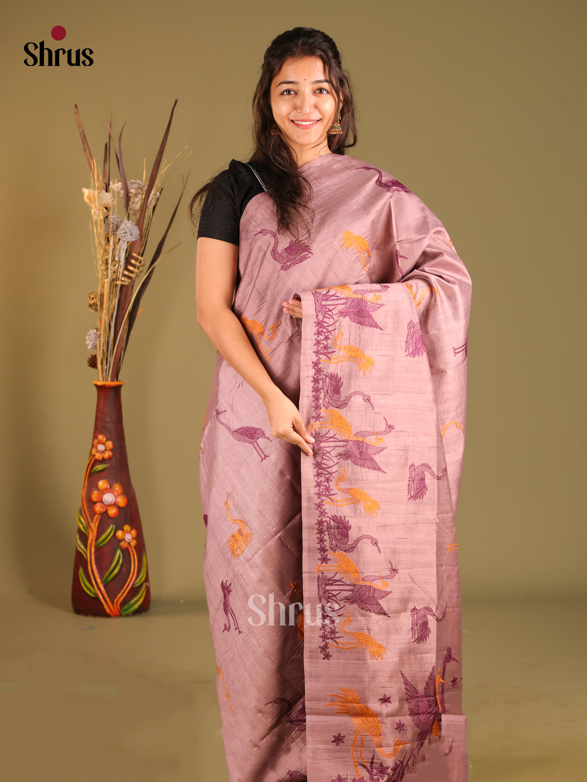 Dusty Brown - Semi Rawsilk Saree - Shop on Shrus.com