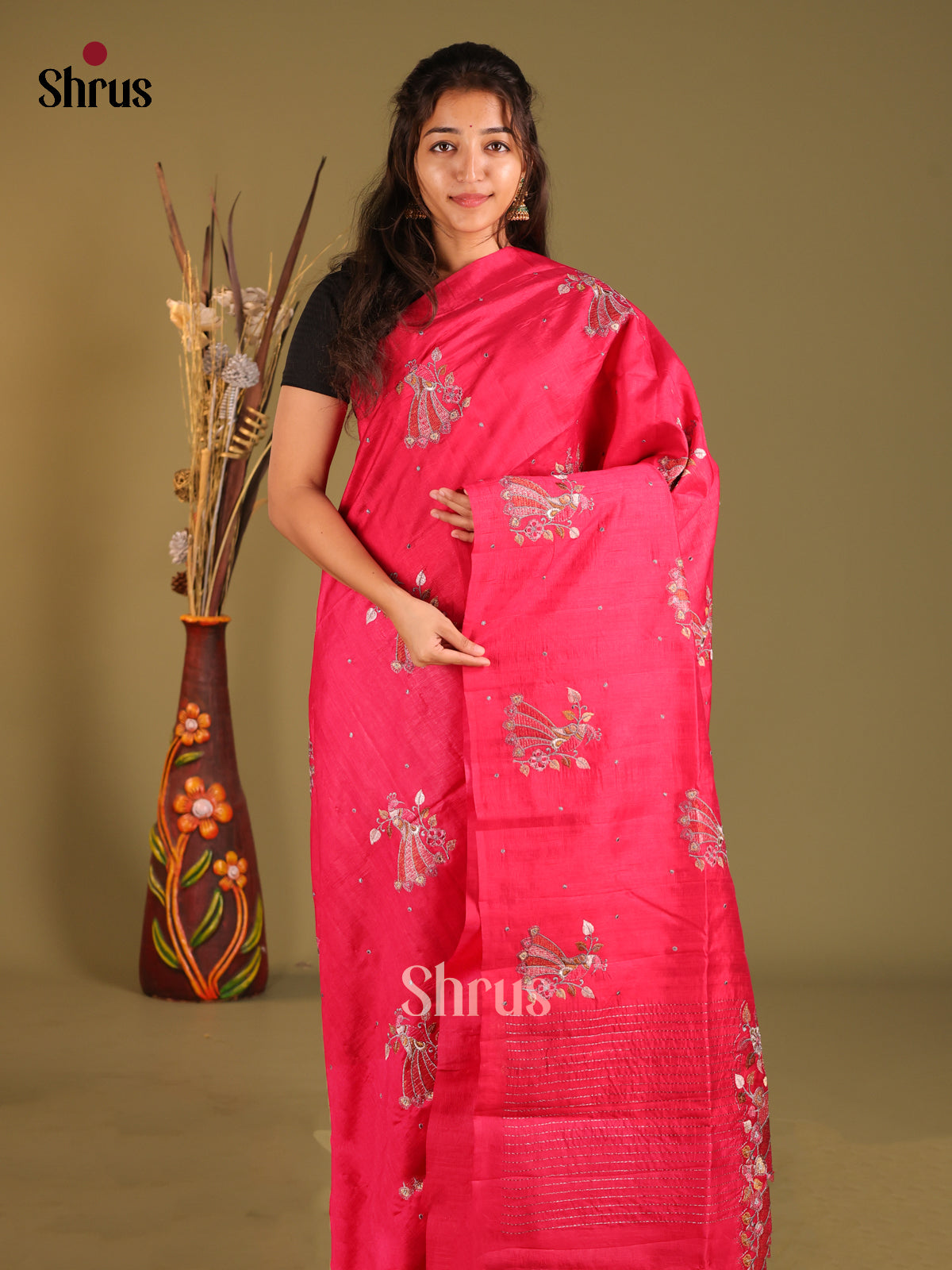Red - Semi Rawsilk Saree - Shop on Shrus.com