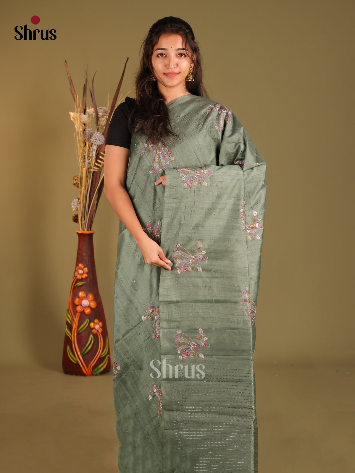 Grey Green - Semi Rawsilk Saree - Shop on Shrus.com