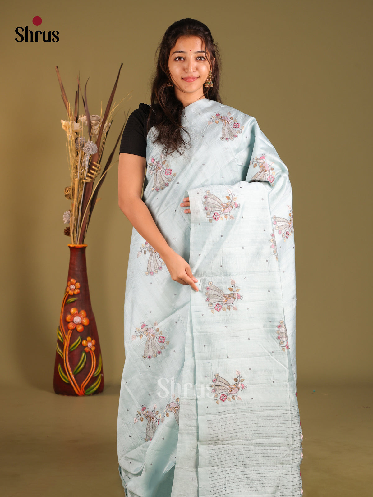 Light Blue - Semi Rawsilk Saree - Shop on Shrus.com