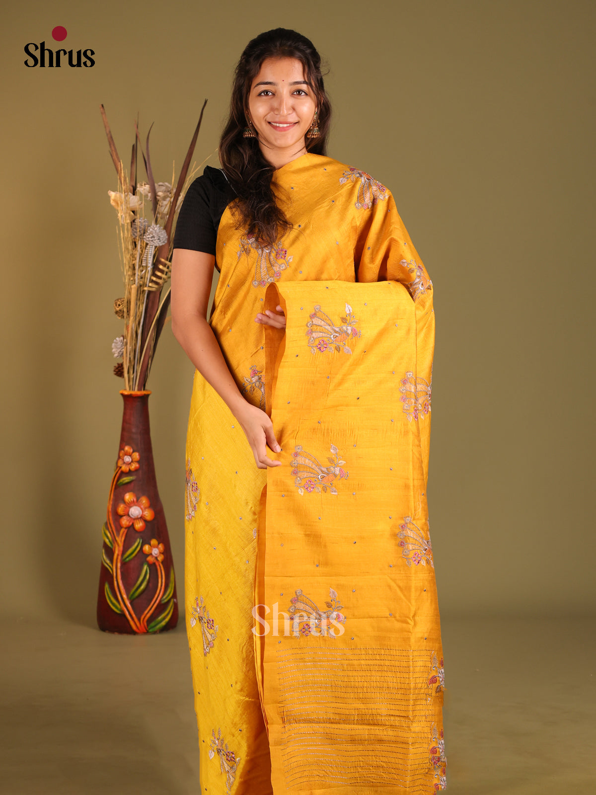 Mustard - Semi Rawsilk Saree - Shop on Shrus.com