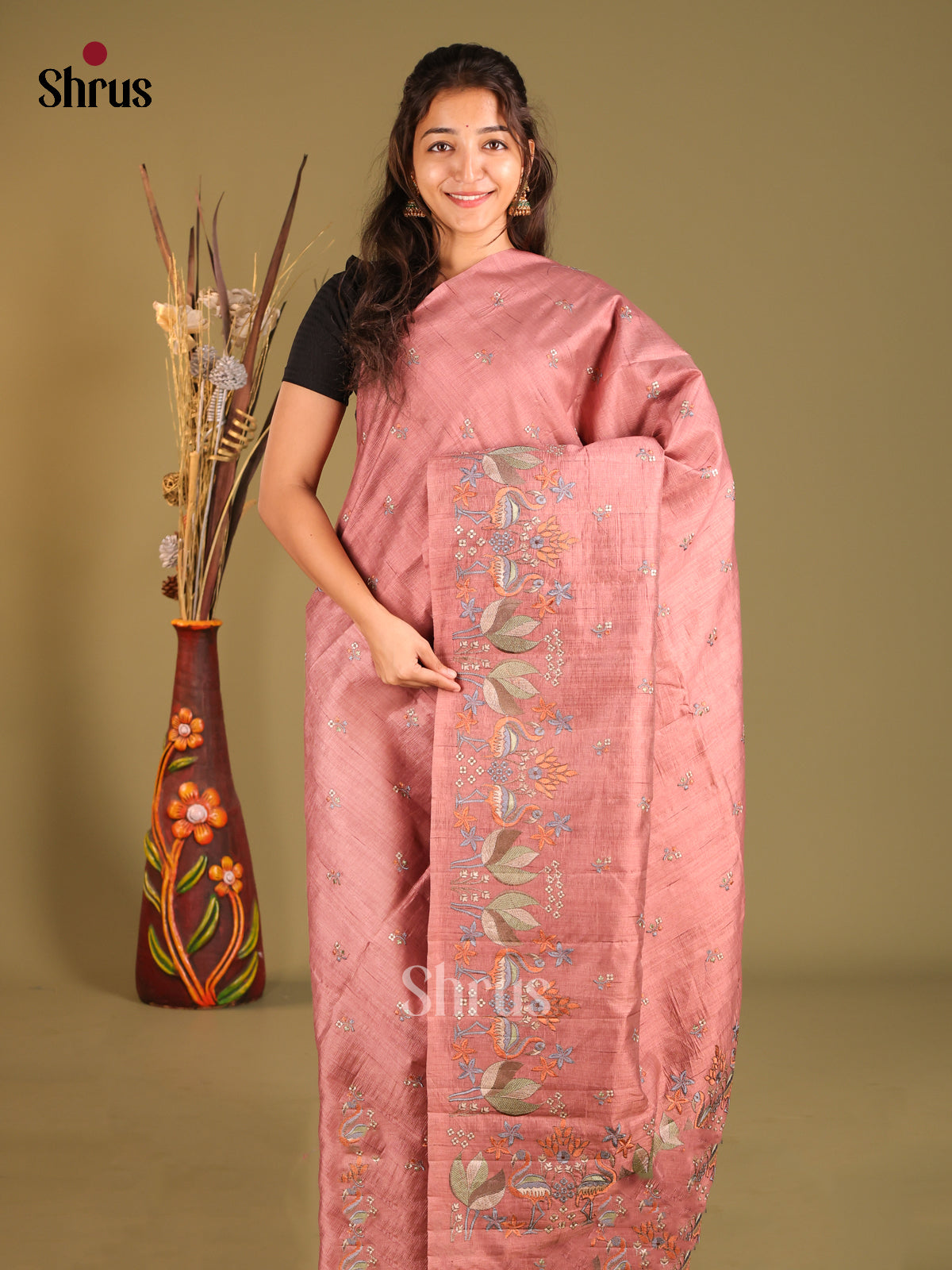 Dusty brown - Semi Rawsilk Saree - Shop on Shrus.com