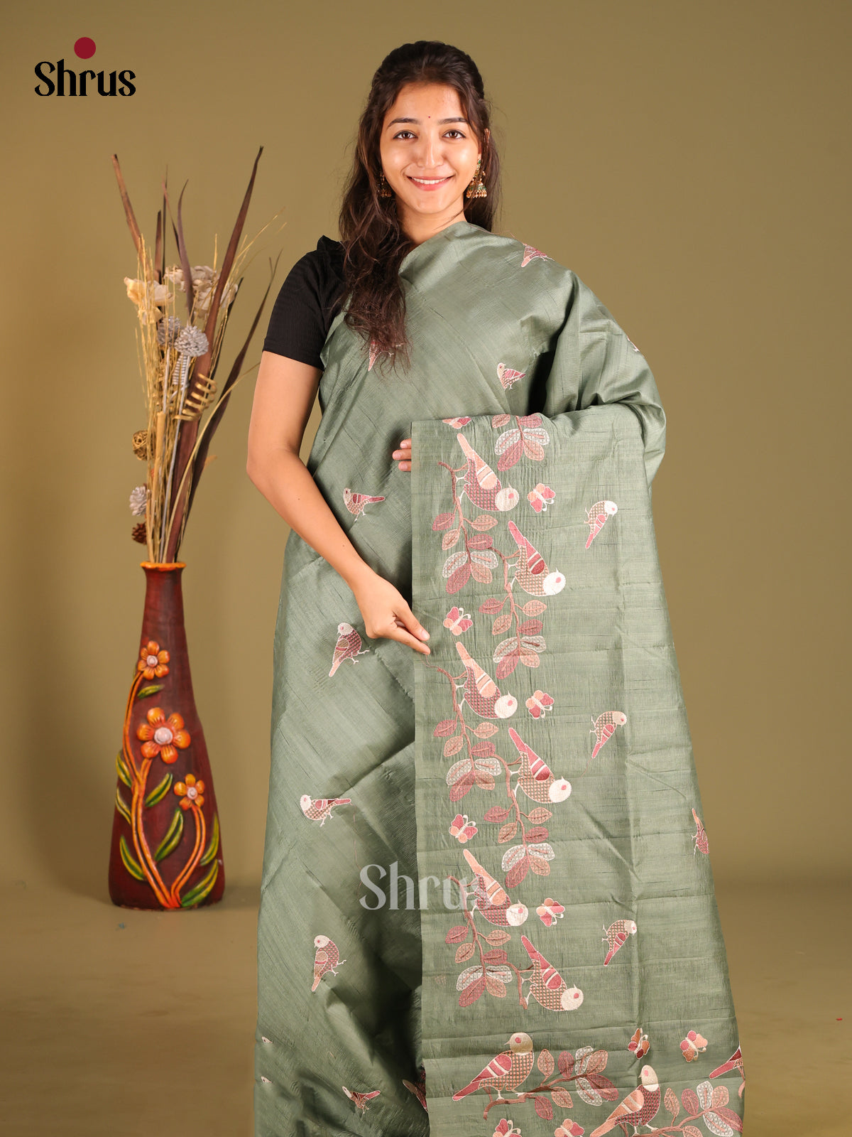 grey green - Semi Rawsilk Saree