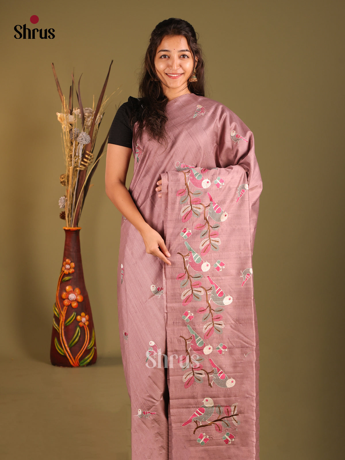 Dusty brown - Semi Rawsilk Saree - Shop on Shrus.com