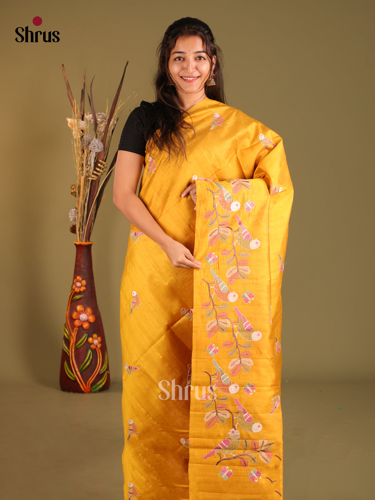 Mustard- Semi Rawsilk Saree - Shop on Shrus.com