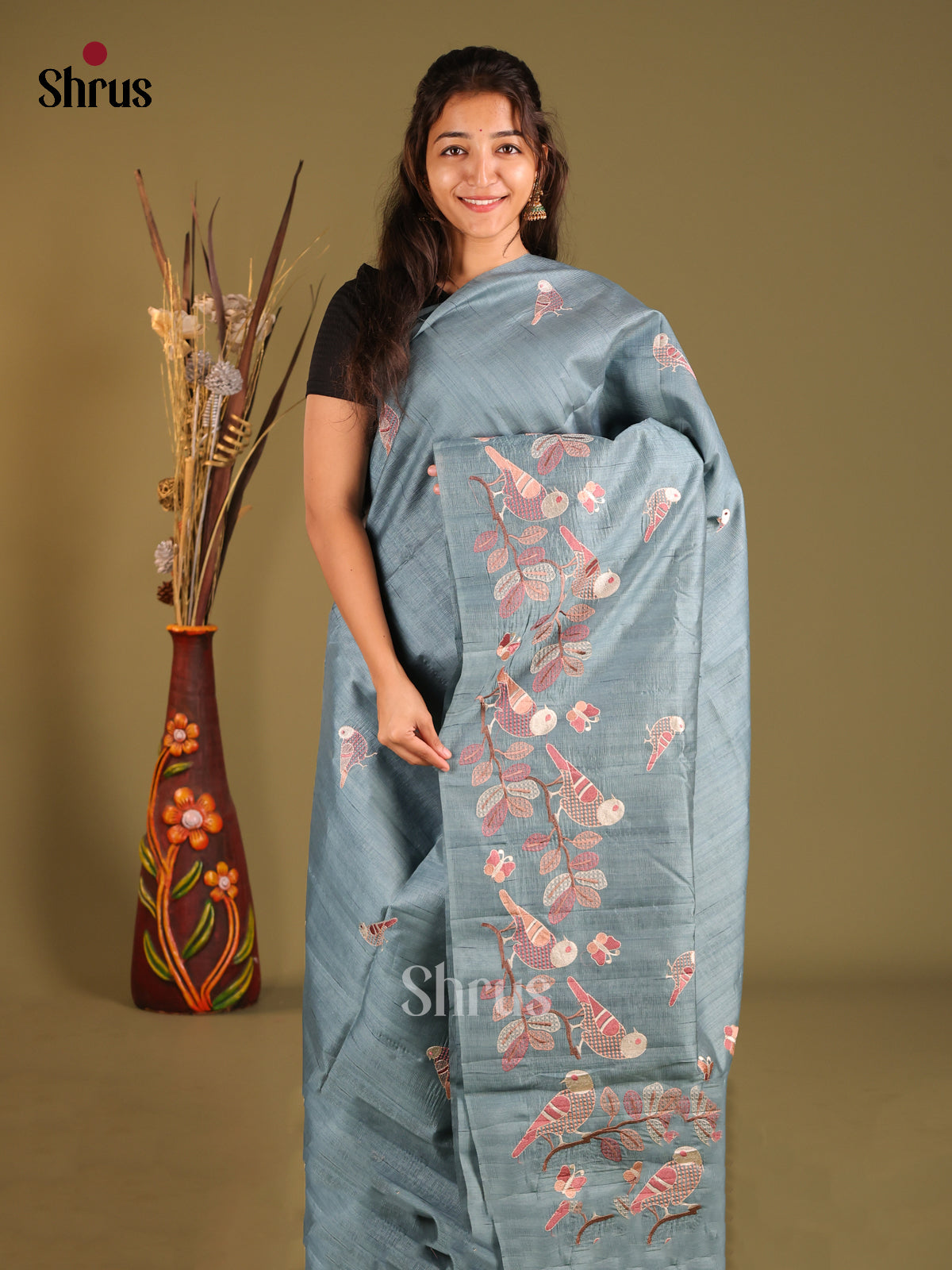 Grey - Semi Rawsilk Saree - Shop on Shrus.com