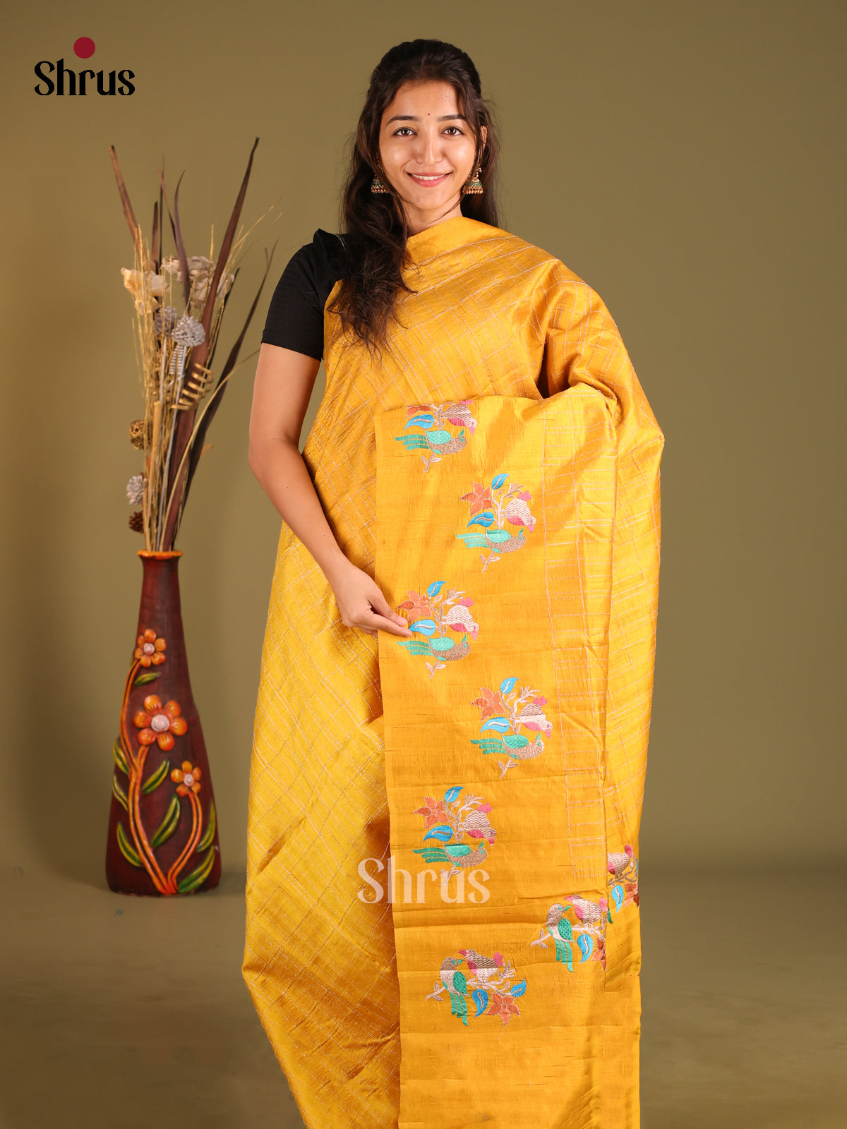 Mustard- Semi Rawsilk Saree - Shop on Shrus.com