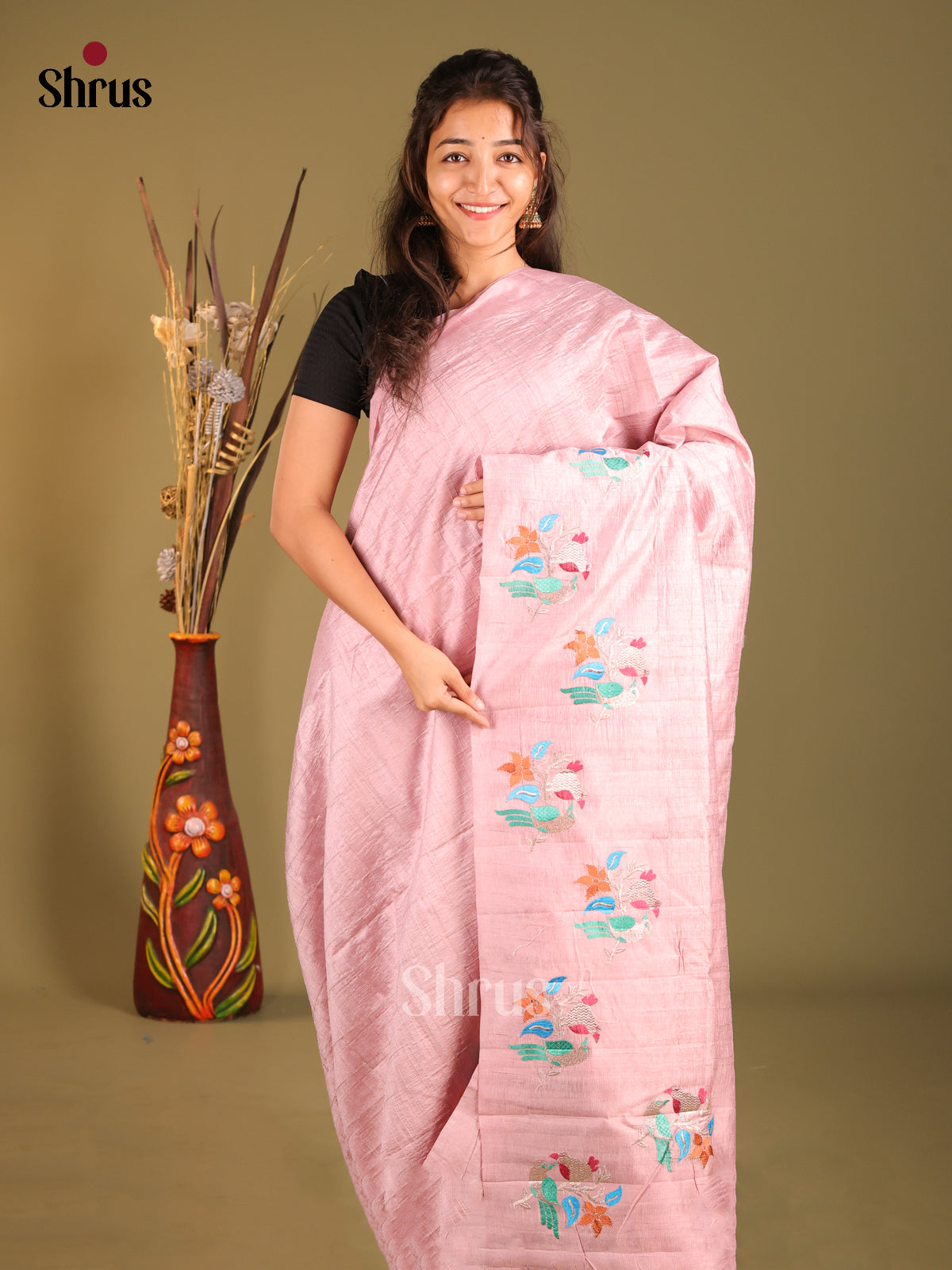 Pink - Semi Rawsilk Saree