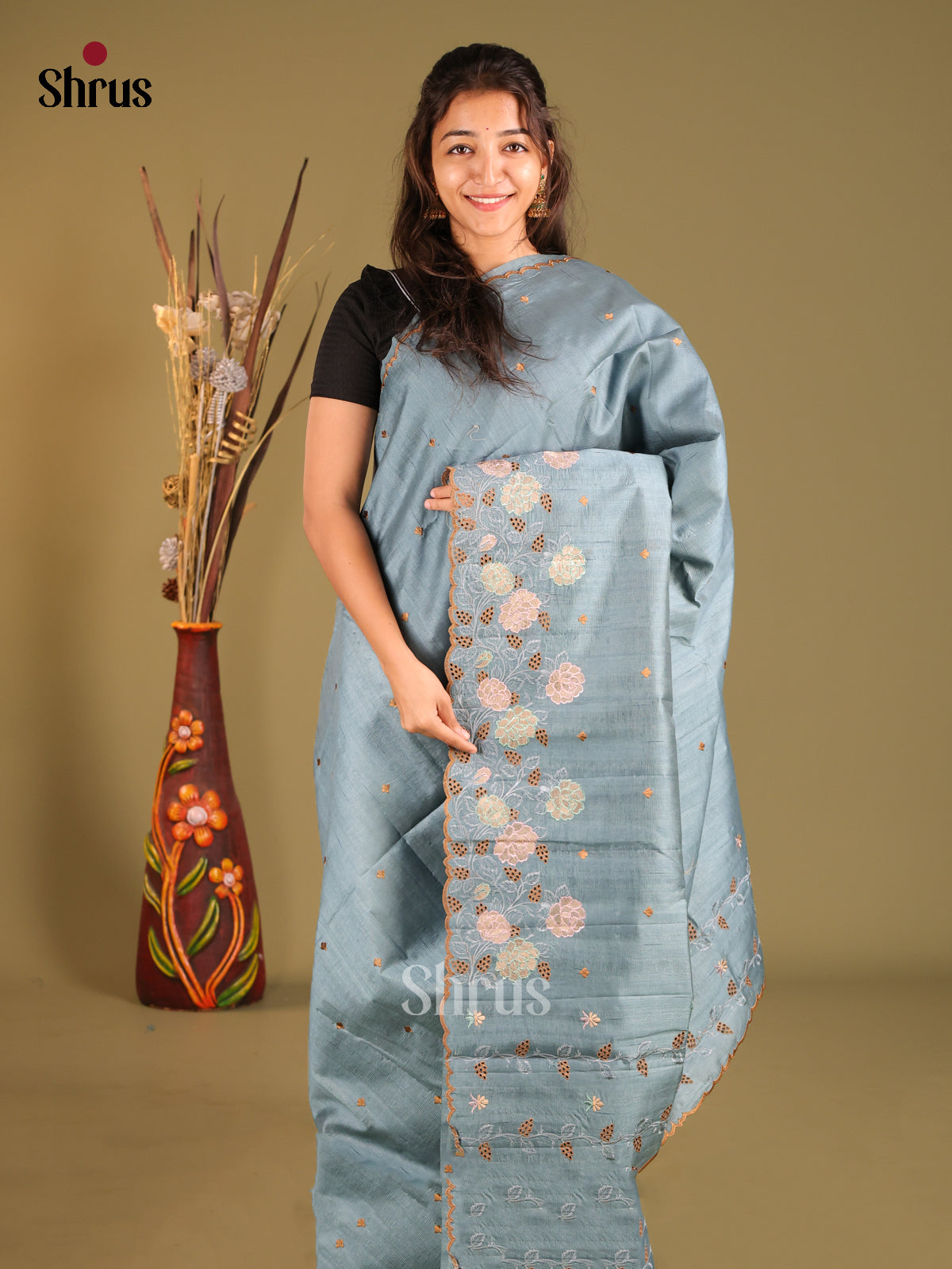 Grey - Semi Rawsilk Saree - Shop on Shrus.com