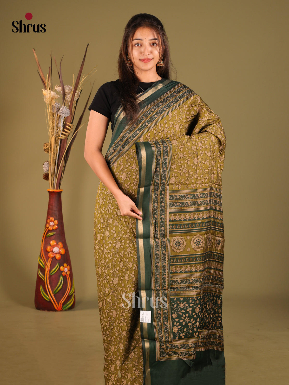 Mehandi Green & Green - Art Modal Saree - Shop on Shrus.com
