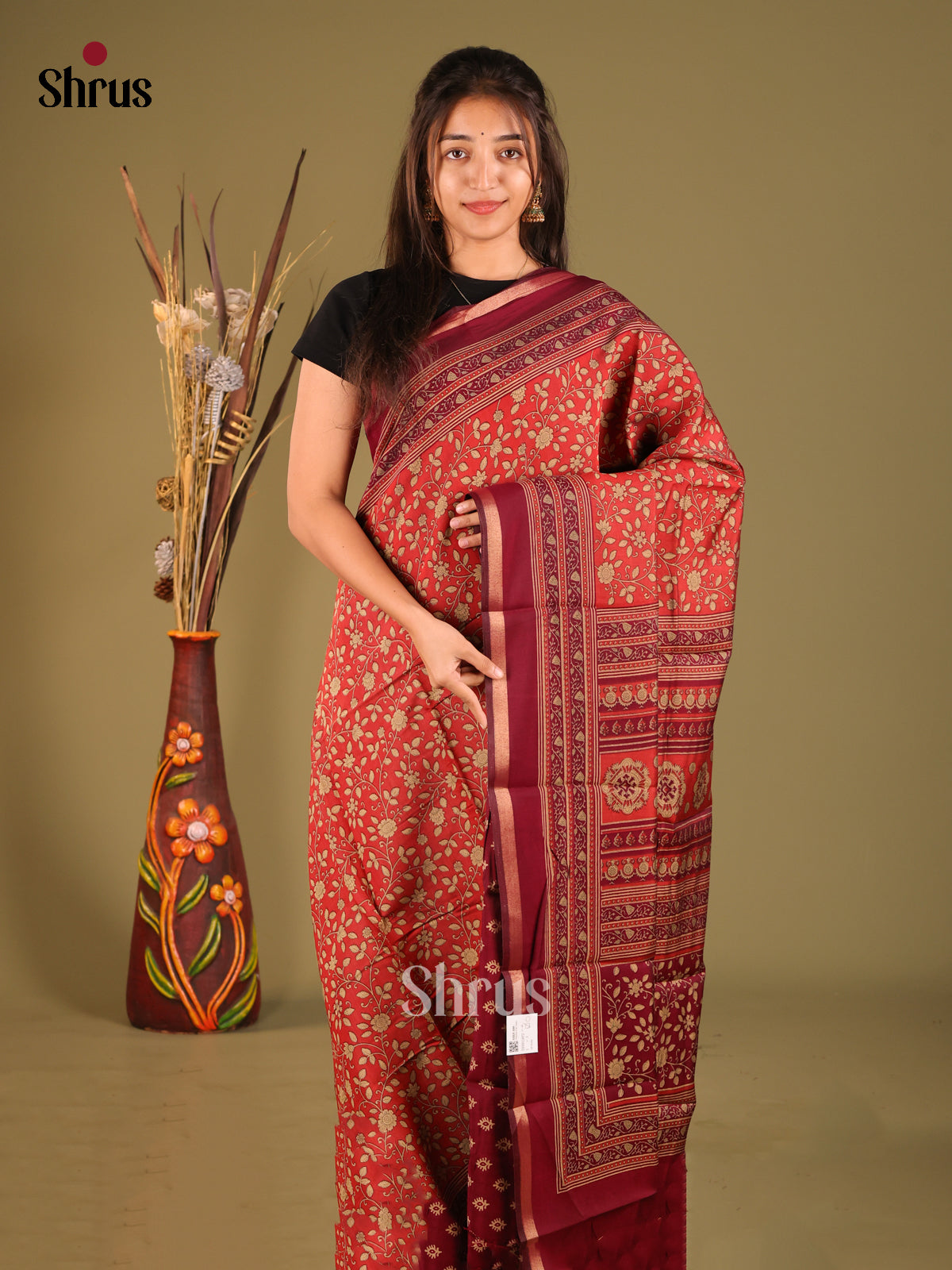 Red & Maroon - Art Modal Saree - Shop on Shrus.com