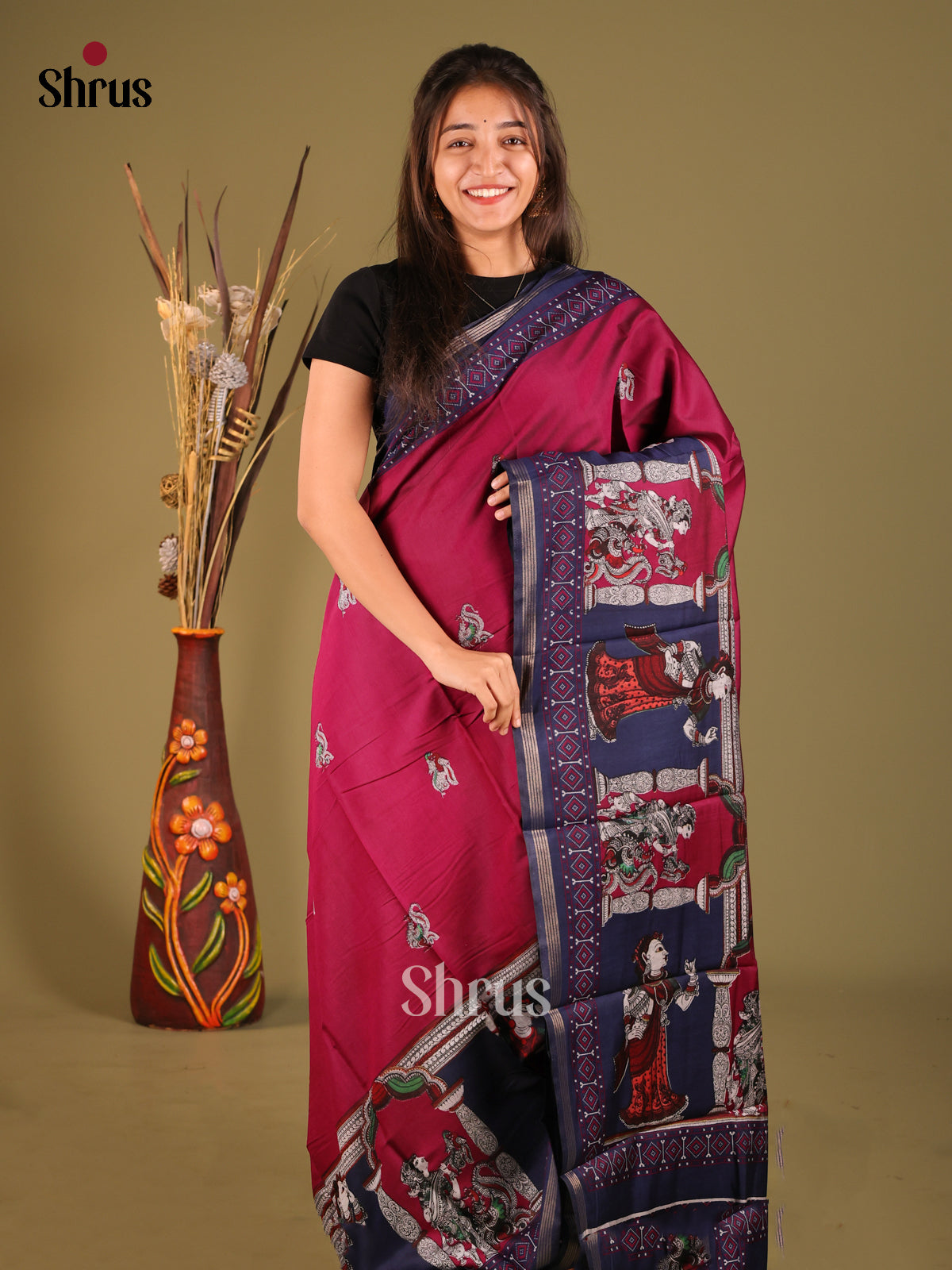 Maroon & Blue - Art Modal Saree - Shop on Shrus.com