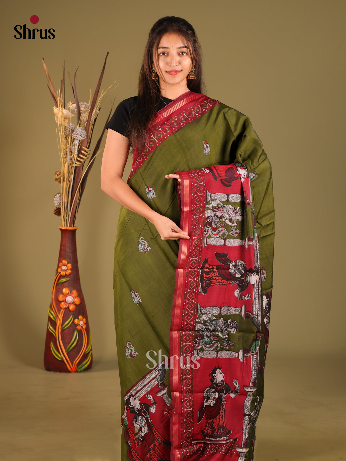 Green & Red- Art Modal Saree - Shop on Shrus.com