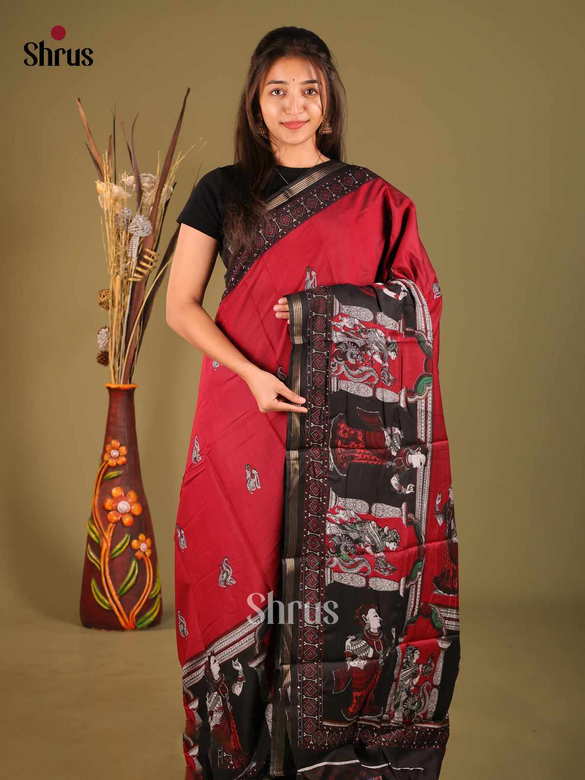 Red & Black- Art Modal Saree - Shop on Shrus.com