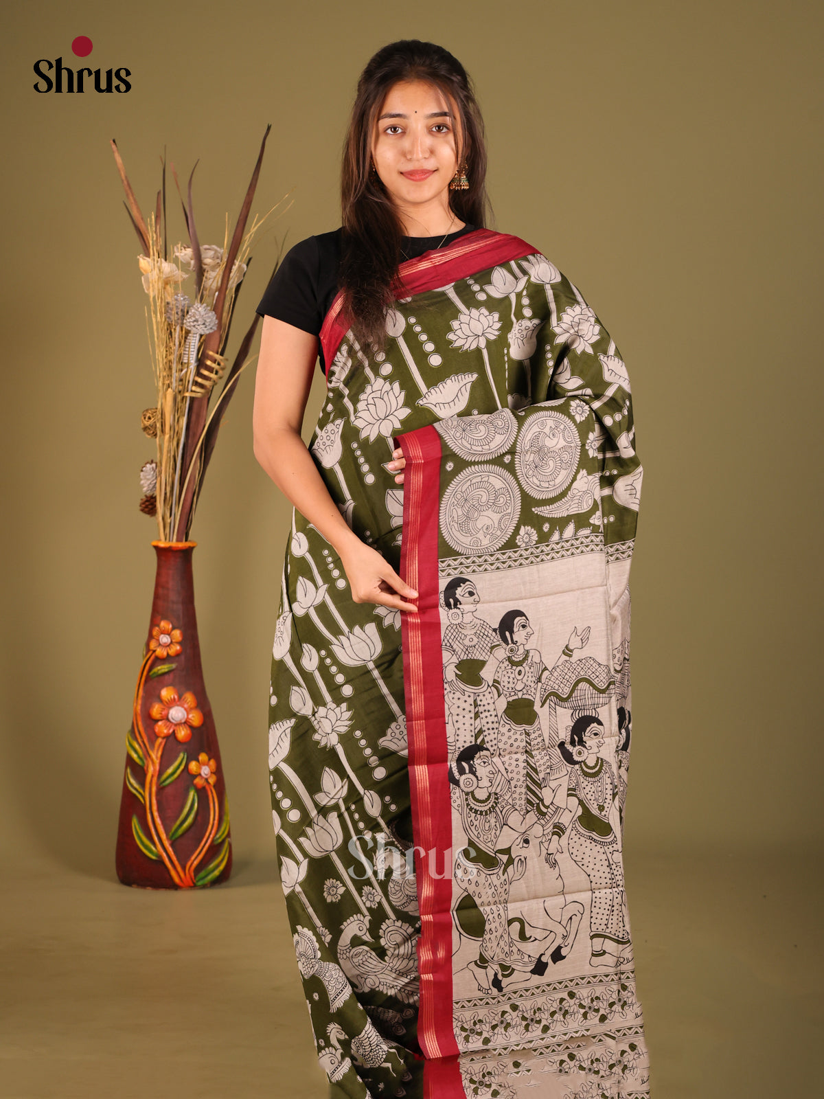 Green & Red - Art Modal Saree - Shop on Shrus.com