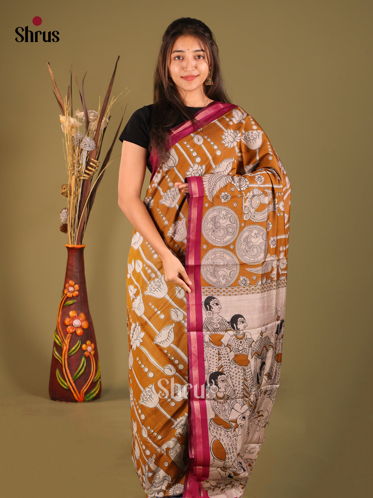 Dark Mustard & maroon- Art Modal Saree
