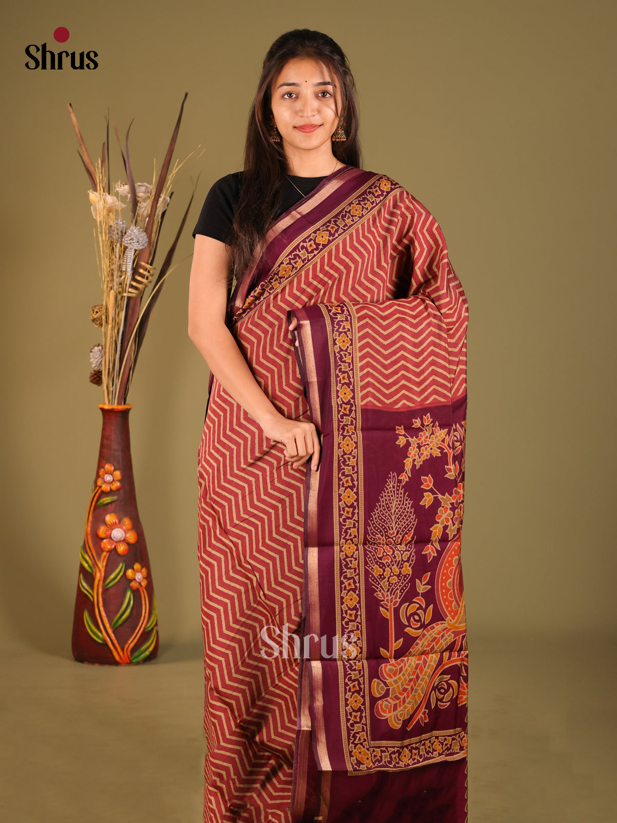 Brick & Maroon - Art Modal Saree