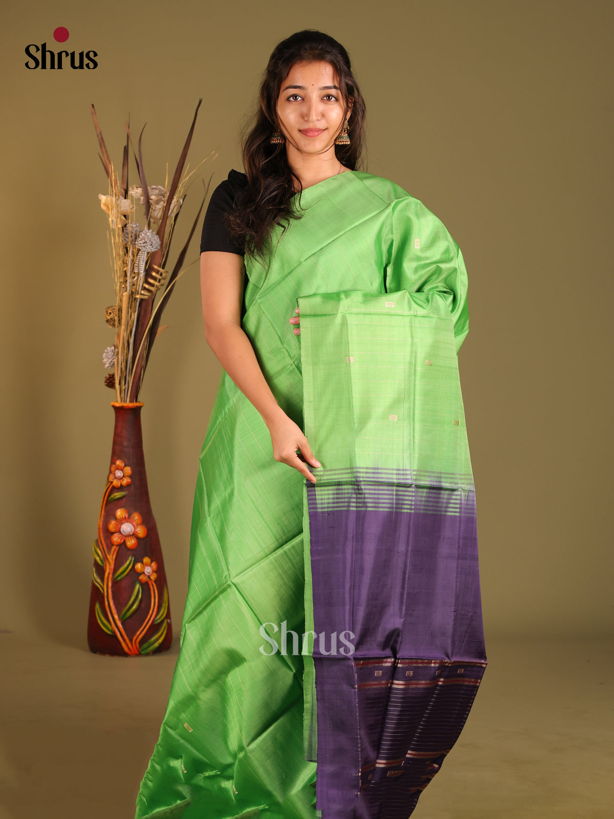 Pista Green & Blue- Banana Pith without blouse Saree - Shop on Shrus.com