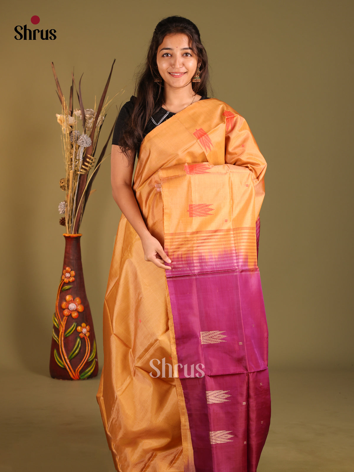 Mustard & Purple - Banana Pith without blouse Saree - Shop on Shrus.com