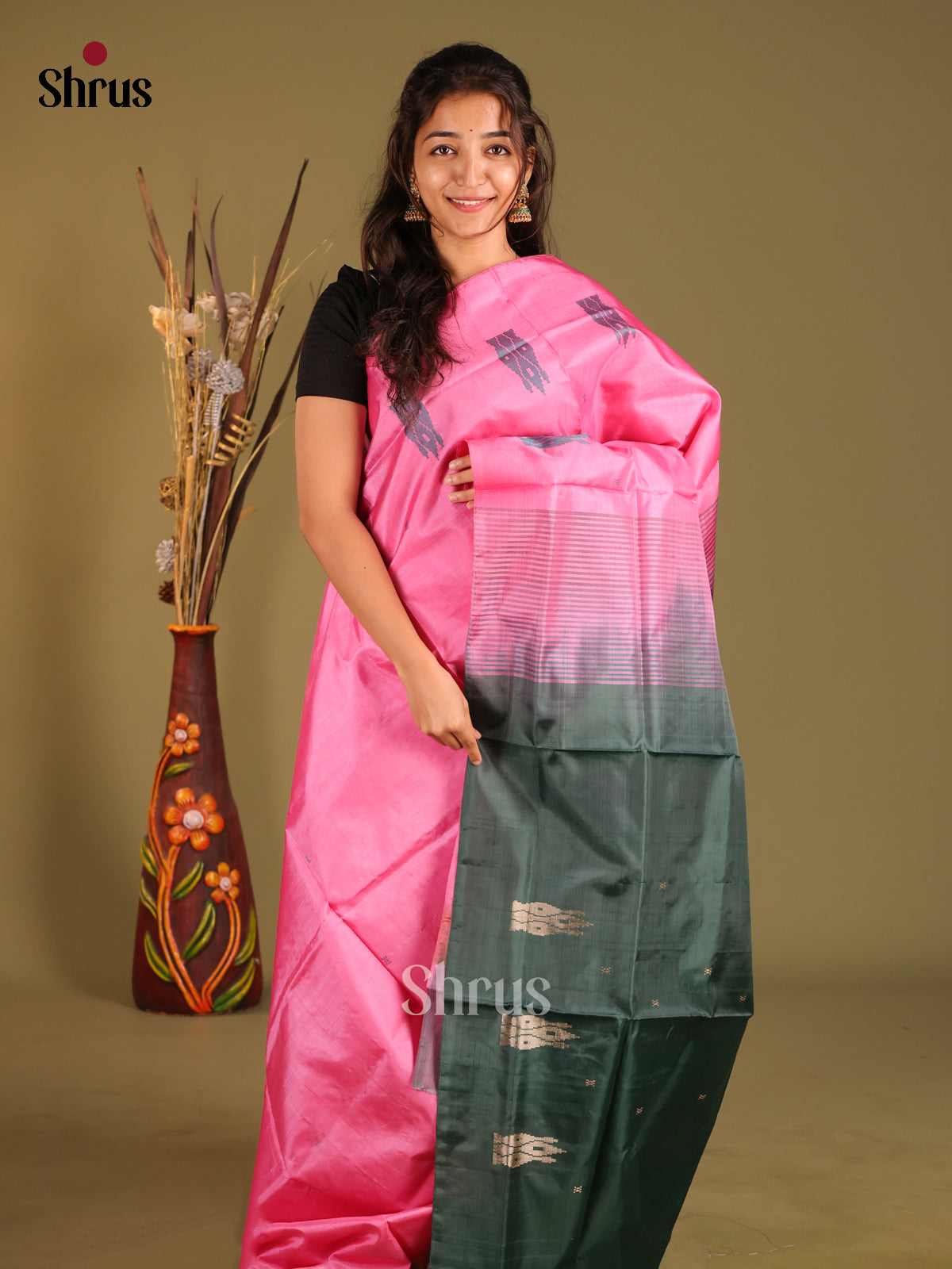 Pink & Green - Banana Pith without blouse Saree - Shop on Shrus.com