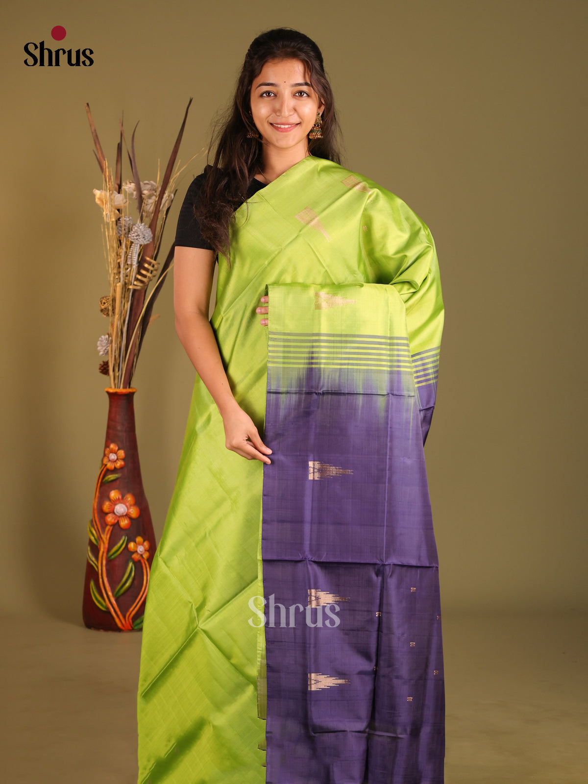 Light Green & Blue- Banana Pith without blouse Saree - Shop on Shrus.com
