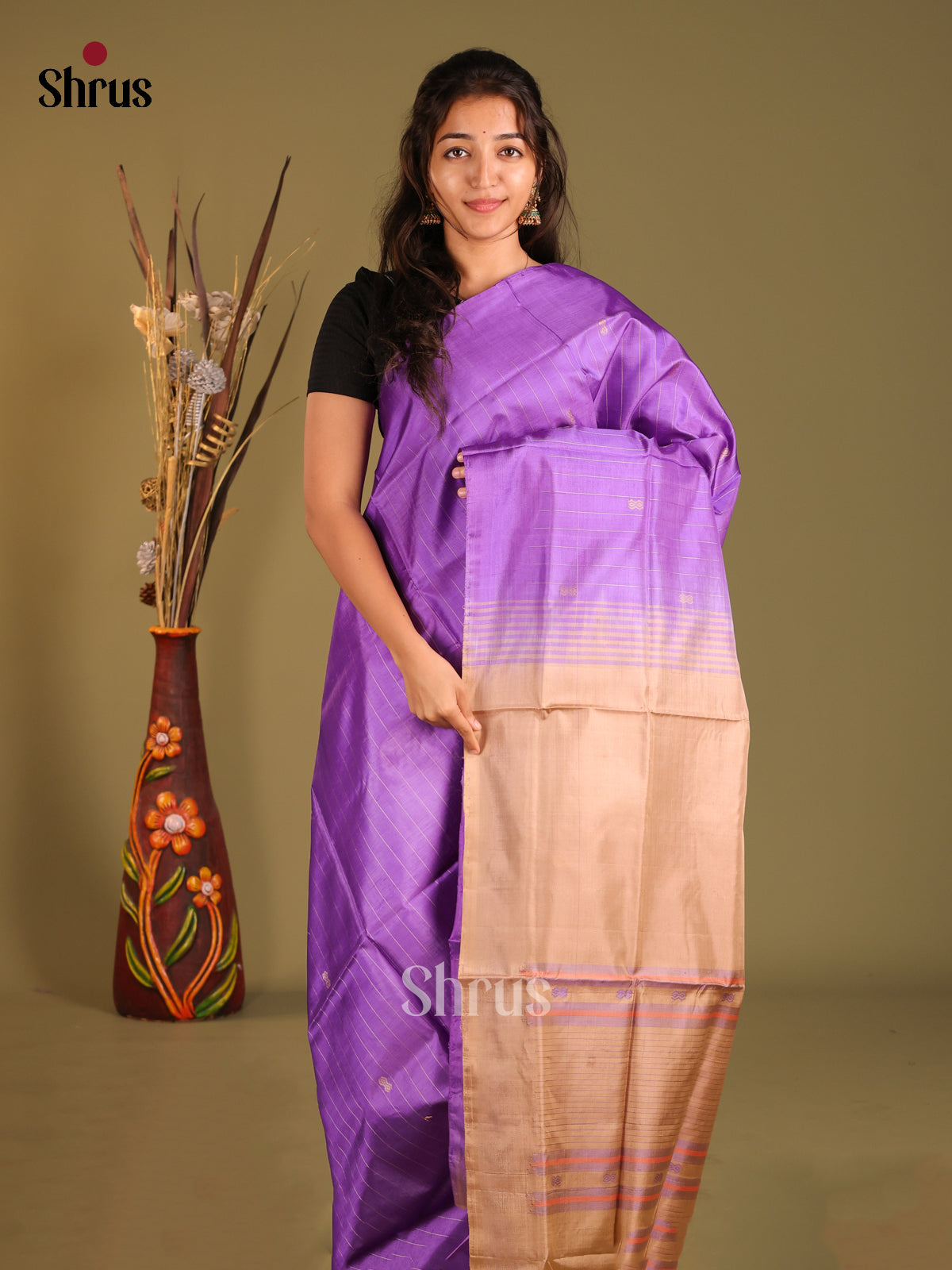 Purple & Dusty Brown - Banana Pith without blouse Saree - Shop on Shrus.com