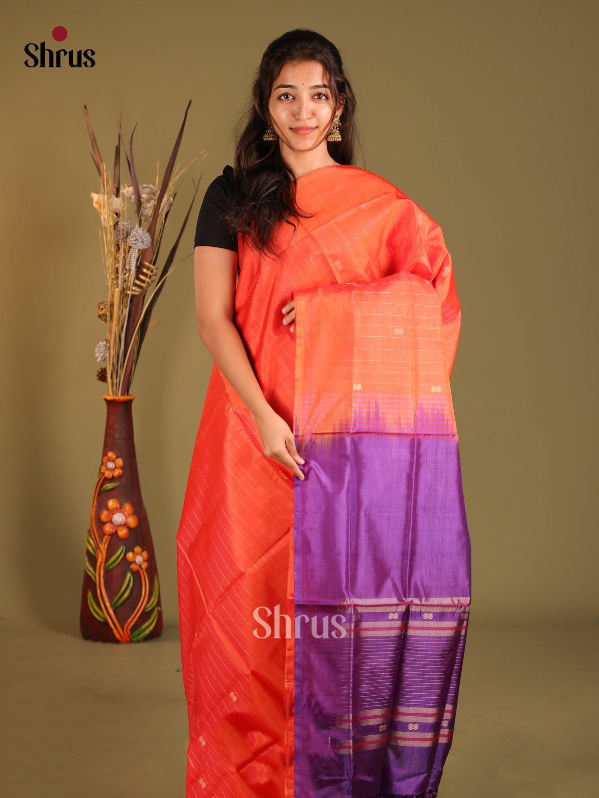 Orange & Violet - Banana Pith without blouse Saree - Shop on Shrus.com