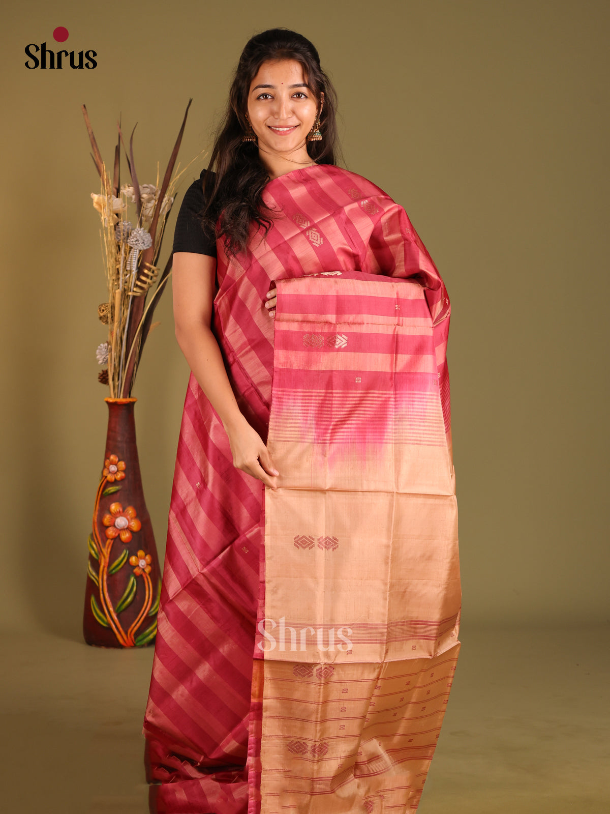 Pink & Maroon - Banana Pith without blouse Saree - Shop on Shrus.com