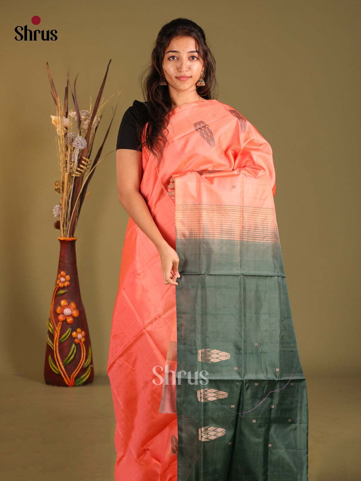Peach & Green- Banana Pith without blouse Saree - Shop on Shrus.com