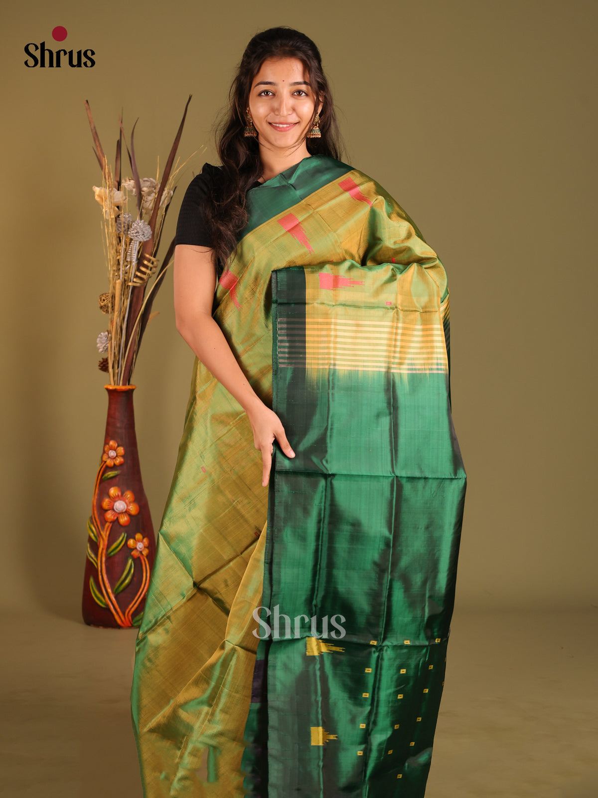 Light Green & Green - Banana Pith without blouse Saree - Shop on Shrus.com