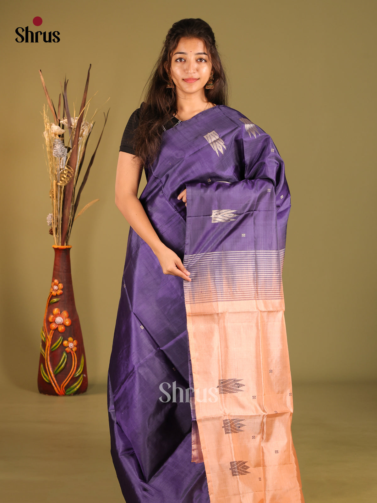 Blue & Peach - Banana Pith without blouse Saree