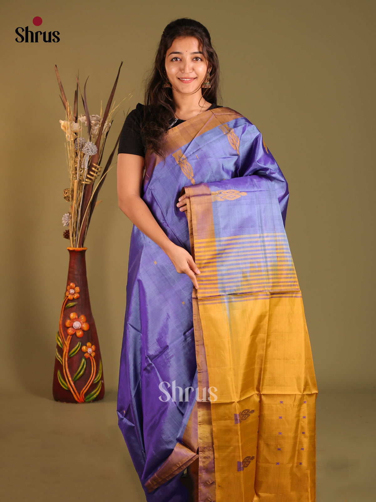 Blue & Mustard - Banana Pith without blouse Saree