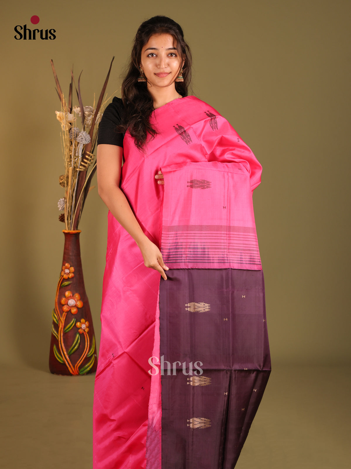 Pink & Jamun- Banana Pith without blouse Saree - Shop on Shrus.com