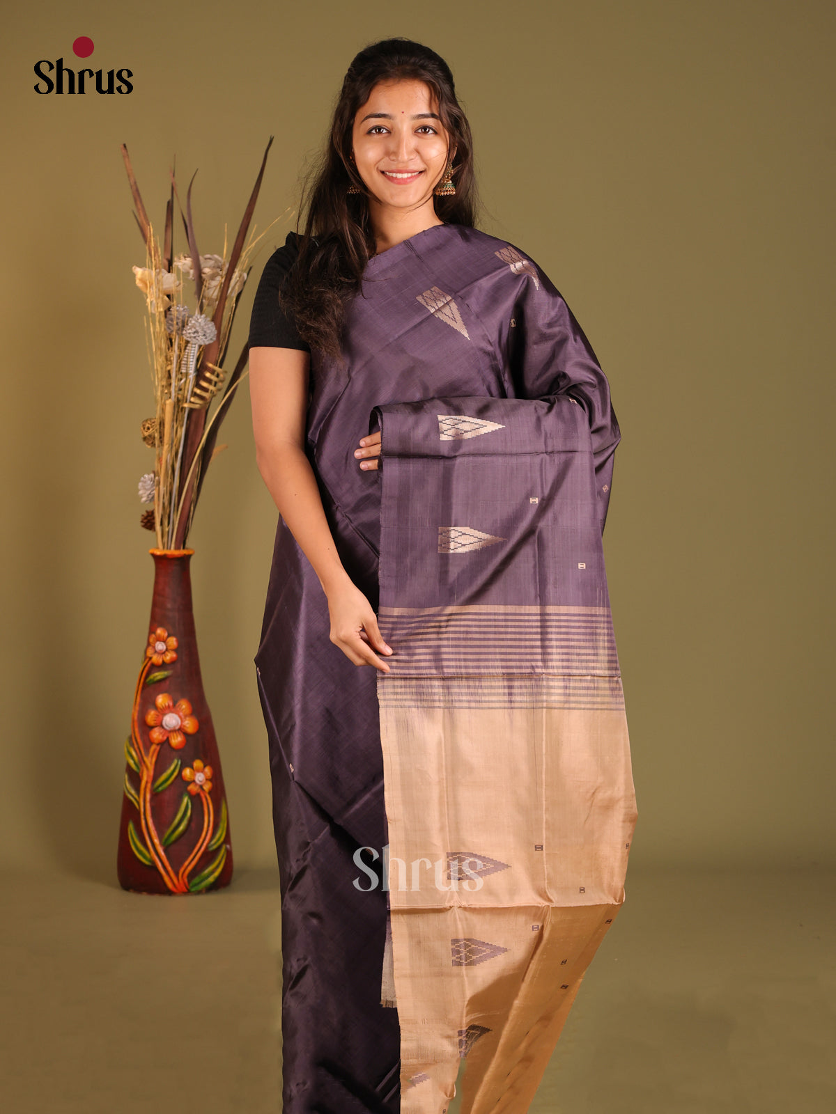 Jamun & Beige - Banana Pith without blouse Saree - Shop on Shrus.com