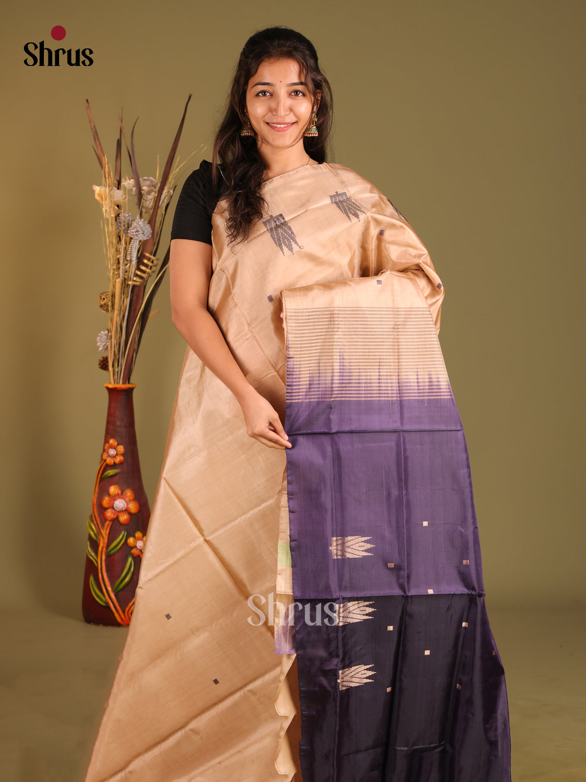 Beige & Blue - Banana Pith without blouse Saree